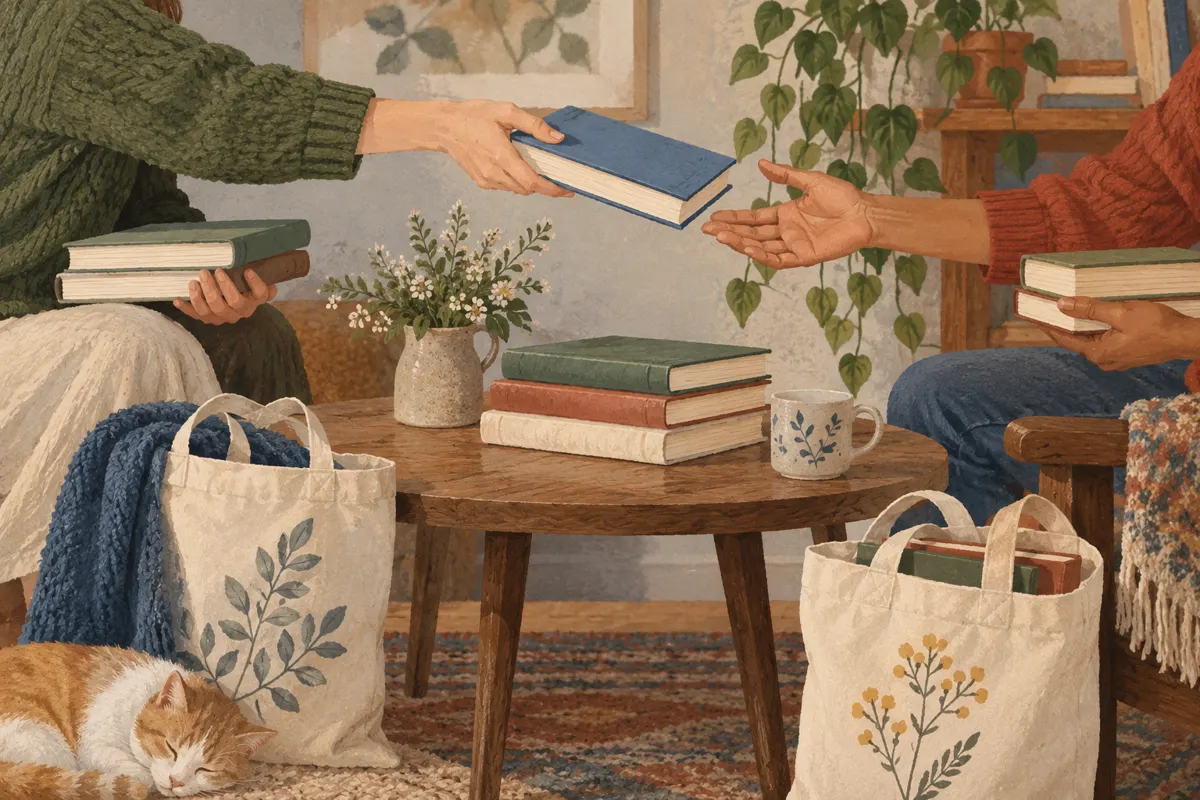 Ilustracja wymiany kilku książek przy stole, z torbami na zabrane egzemplarze.